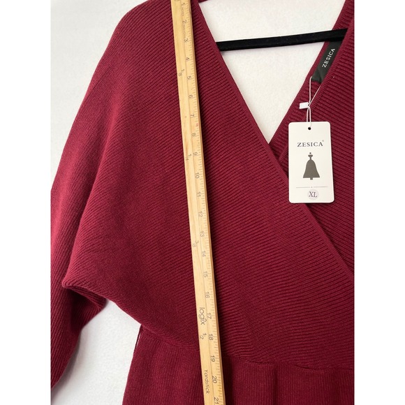 ZESICA Wrap Sweater Dress Women XL Burgundy New Ribbed Batwing V-Neck Mini Tie - Picture 3 of 11